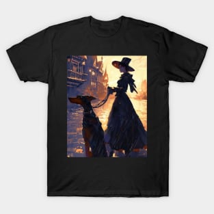 Victorian woman with doberman dog on street T-Shirt